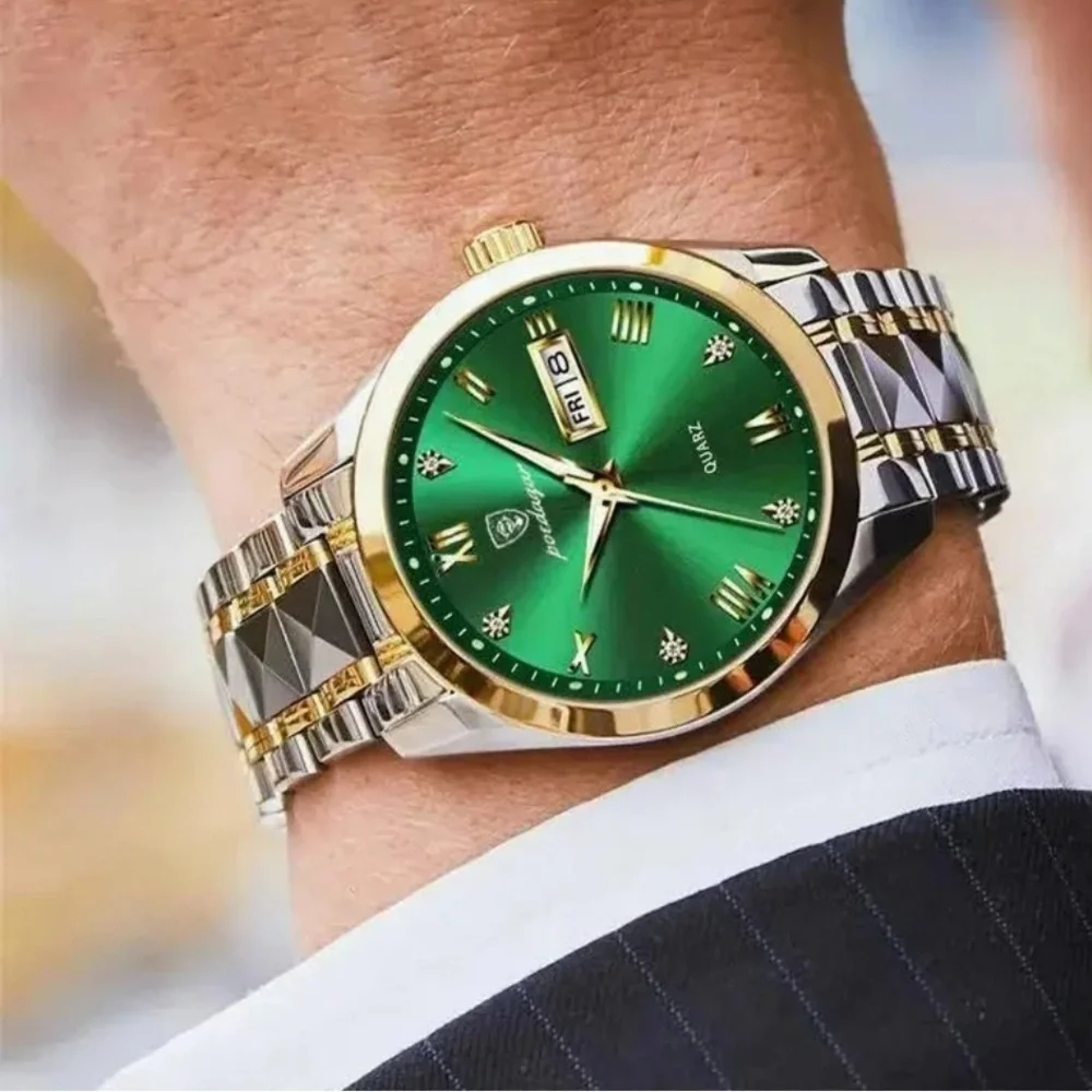 POEDAGAR Men's Watch Date Week Waterproof Luminous Quartz Stainless Steel Green
